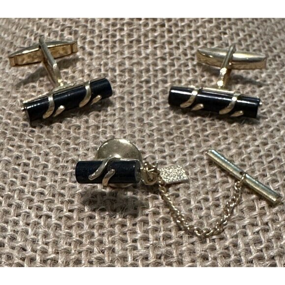 Vintage Emmons Cufflinks Tie Tack Pin Black Onyx gold tone Mid Century Wedding - Picture 1 of 9